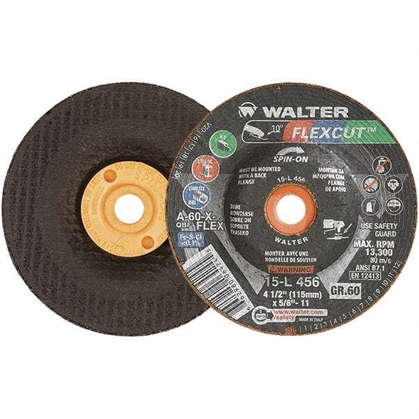 WALTER Surface Technologies - 4-1/2" Diam x 5/8" Hole, 60 Grit Surface Grinding Wheel - Aluminum Oxide, Medium Grade, 13,300 Max RPM - A1 Tooling