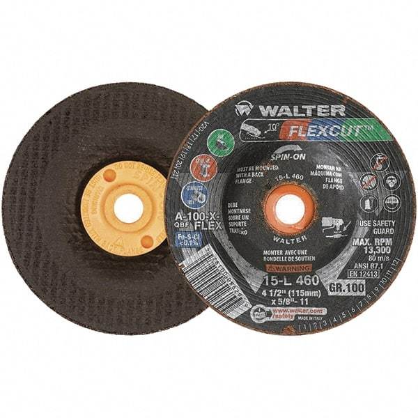 WALTER Surface Technologies - 4-1/2" Diam x 5/8" Hole, 100 Grit Surface Grinding Wheel - Aluminum Oxide, Fine Grade, 13,300 Max RPM - A1 Tooling