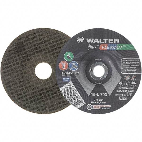 WALTER Surface Technologies - 7" Diam x 7/8" Hole, 36 Grit Surface Grinding Wheel - Aluminum Oxide, Very Coarse Grade, 8,600 Max RPM - A1 Tooling