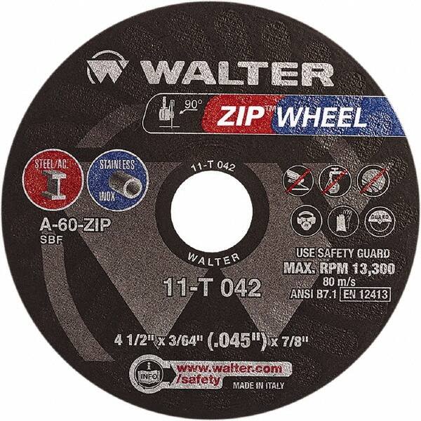 WALTER Surface Technologies - 4-1/2" 60 Grit Aluminum Oxide Cutoff Wheel - 3/64" Thick, 7/8" Arbor, 13,300 Max RPM, Use with Angle Grinders - A1 Tooling