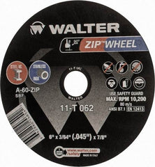 WALTER Surface Technologies - 6" 60 Grit Aluminum Oxide Cutoff Wheel - 3/64" Thick, 7/8" Arbor, 10,200 Max RPM, Use with Angle Grinders - A1 Tooling