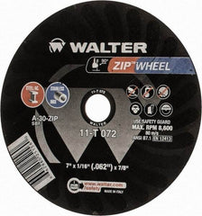 WALTER Surface Technologies - 7" 30 Grit Aluminum Oxide Cutoff Wheel - 1/16" Thick, 7/8" Arbor, 8,600 Max RPM, Use with Angle Grinders - A1 Tooling