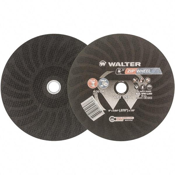 WALTER Surface Technologies - 9" 30 Grit Aluminum Oxide Cutoff Wheel - 5/64" Thick, 7/8" Arbor, 6,800 Max RPM, Use with Angle Grinders - A1 Tooling