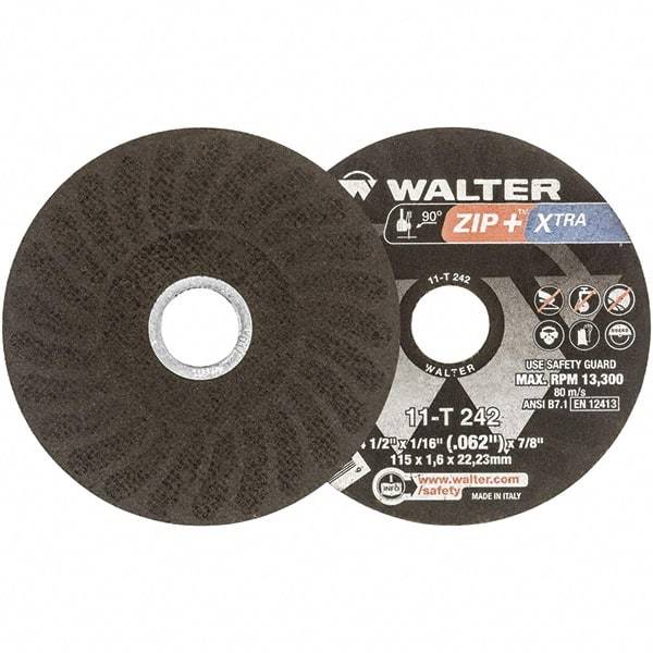 WALTER Surface Technologies - 4-1/2" 46 Grit Aluminum Oxide Cutoff Wheel - 1/16" Thick, 7/8" Arbor, 13,300 Max RPM, Use with Angle Grinders - A1 Tooling