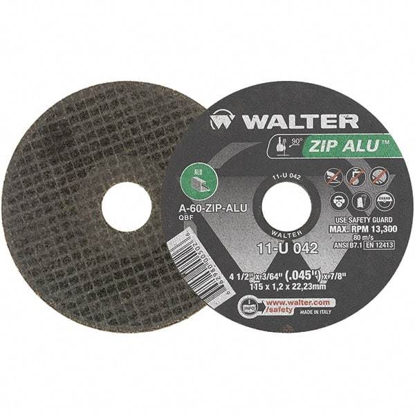 WALTER Surface Technologies - 4-1/2" 60 Grit Aluminum Oxide Cutoff Wheel - 3/64" Thick, 7/8" Arbor, 13,300 Max RPM, Use with Angle Grinders - A1 Tooling