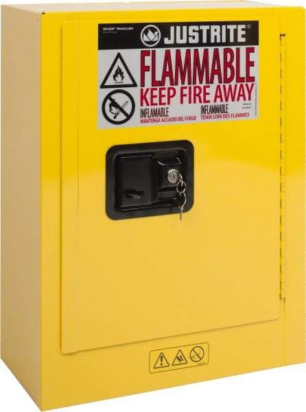 Justrite - 1 Door, 1 Shelf, Yellow Steel Space Saver Safety Cabinet for Flammable and Combustible Liquids - 22" High x 17" Wide x 8" Deep, Manual Closing Door, 2 Gal Capacity - A1 Tooling