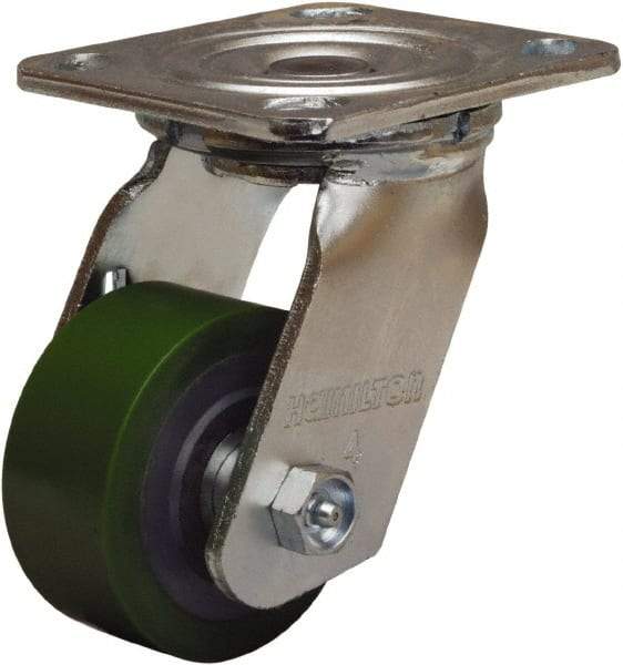 Hamilton - 3-1/4" Diam x 1-1/2" Wide x 5-1/4" OAH Top Plate Mount Swivel Caster - Polyurethane Mold onto Cast Iron Center, 475 Lb Capacity, Straight Roller Bearing, 4 x 4-1/2" Plate - A1 Tooling