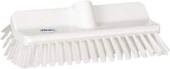 Vikan - 1-1/2" Bristle Length, Polyester Cleaning & Finishing Brush - 9-5/8" Long x 5" Wide Head, 10" OAL, European Threaded Handle, White, Polypropylene Block - A1 Tooling