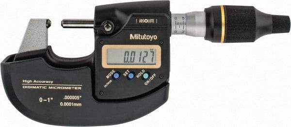 Mitutoyo - 0 to 1" Range, 0" Resolution, Standard Throat, Electronic Outside Micrometer - 0" Accuracy, 0.98" Throat, Ratchet Friction Thimble, CR2032 Battery, Data Output - A1 Tooling