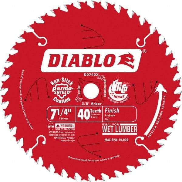 Freud - 7-1/4" Diam, 5/8" Arbor Hole Diam, 40 Tooth Wet & Dry Cut Saw Blade - Carbide-Tipped, Standard Round Arbor - A1 Tooling