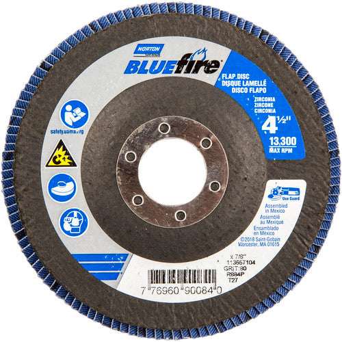 ‎4-1/2 × 7/8″ BlueFire Fiberglass HD Flat Flap Disc Type 27 P80 Grit R884P1 Zirconia Alumina - A1 Tooling