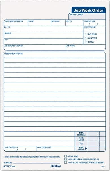 TOPS - 50 Sheet, 5-1/2 x 8-1/2", Work Order Pad - White - A1 Tooling