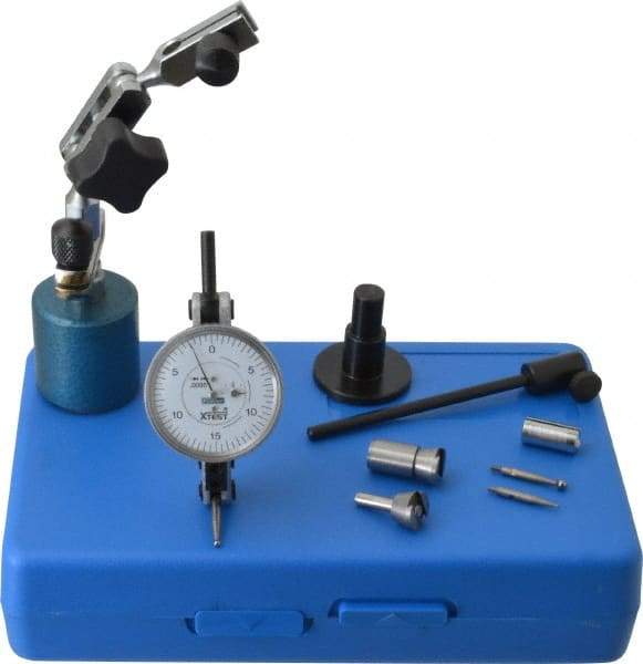 Fowler - 9 Piece, 0" to 0.06" Measuring Range, 1-1/2" Dial Diam, 0-15-0 Dial Reading, Horizontal White Dial Test Indicator Kit - 0.08" Ball Diam, 0.0005" Dial Graduation - A1 Tooling