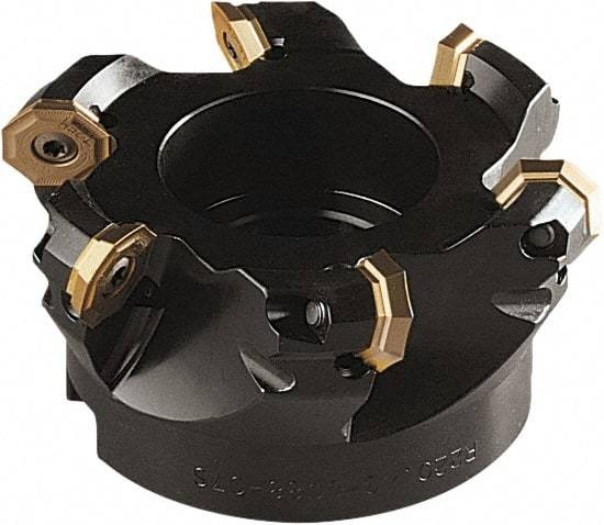 Seco - 75mm Cut Diam, 22mm Arbor Hole, 5mm Max Depth of Cut, 43° Indexable Chamfer & Angle Face Mill - 4 Inserts, OF.. 0704 Insert, Right Hand Cut, 4 Flutes, Through Coolant, Series OctoMill - A1 Tooling