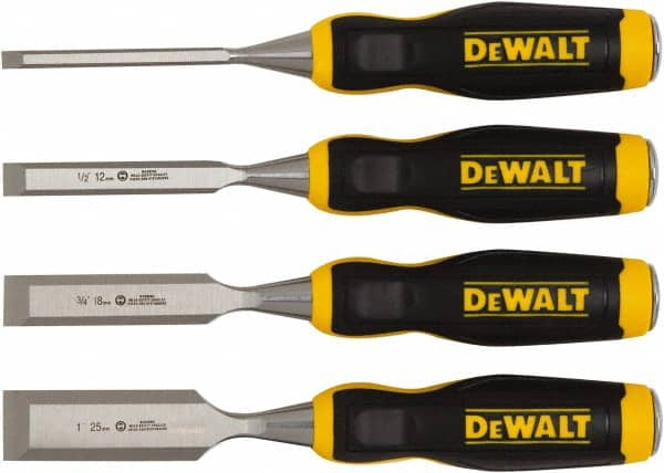 DeWALT - 4 Piece Wood Chisel Set - 11-29/32" OAL, High-impact Polypropylene & Rubber, Sizes Included 1/4 to 1" - A1 Tooling