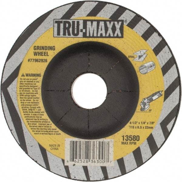 Tru-Maxx - 4-1/2" Wheel Diam, 1/4" Wheel Thickness, 7/8" Arbor Hole, Type 27 Depressed Center Wheel - Aluminum Oxide, 13,580 Max RPM, Compatible with Angle Grinder - A1 Tooling