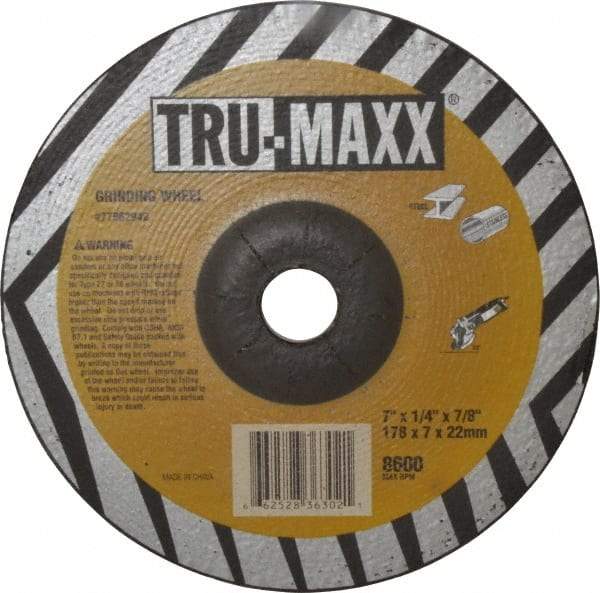 Tru-Maxx - 24 Grit, 7" Wheel Diam, 1/4" Wheel Thickness, 7/8" Arbor Hole, Type 27 Depressed Center Wheel - Aluminum Oxide, 8,600 Max RPM, Compatible with Angle Grinder - A1 Tooling