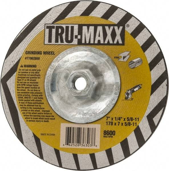 Tru-Maxx - 7" Wheel Diam, 1/4" Wheel Thickness, Type 27 Depressed Center Wheel - Aluminum Oxide, 8,600 Max RPM, Compatible with Angle Grinder - A1 Tooling