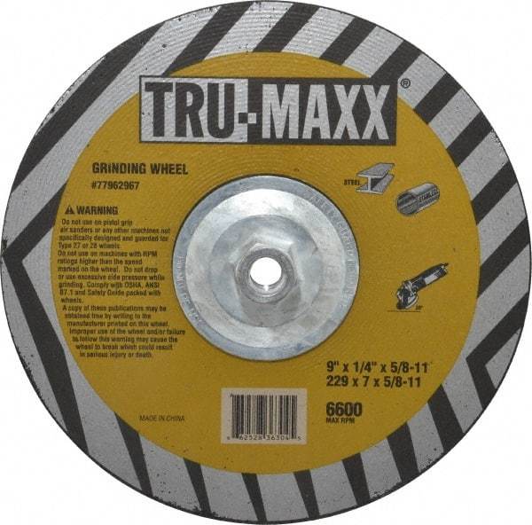 Tru-Maxx - 9" Wheel Diam, 1/4" Wheel Thickness, Type 27 Depressed Center Wheel - Aluminum Oxide, 6,600 Max RPM, Compatible with Angle Grinder - A1 Tooling