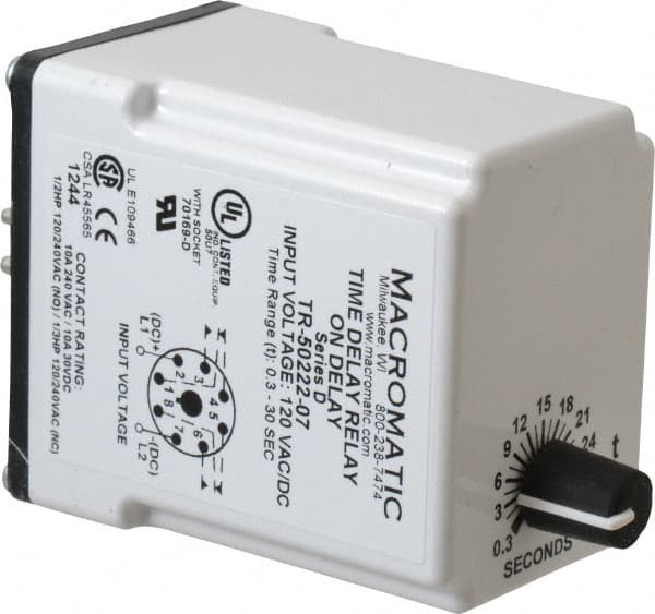 Macromatic - 8 Pin, Multiple Range DPDT Time Delay Relay - 10 Contact Amp, 120 VAC/VDC, Knob - A1 Tooling