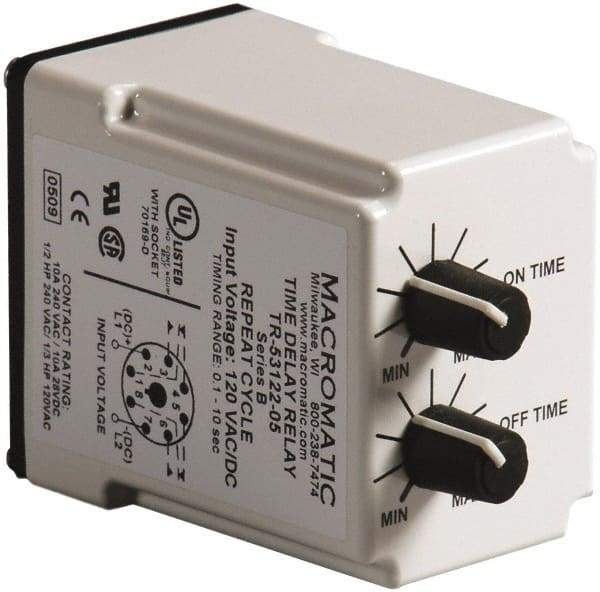 Macromatic - 8 Pin, 10 min Delay, Multiple Range DPDT Time Delay Relay - 10 Contact Amp, 120 VAC/VDC, Knob - A1 Tooling