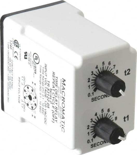 Macromatic - 8 Pin, Multiple Range DPDT Time Delay Relay - 10 Contact Amp, 120 VAC/VDC, Knob - A1 Tooling