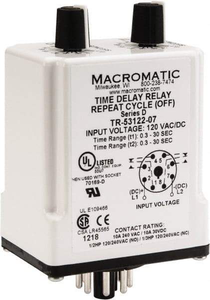 Macromatic - 8 Pin, Multiple Range DPDT Time Delay Relay - 10 Contact Amp, 120 VAC/VDC, Knob - A1 Tooling