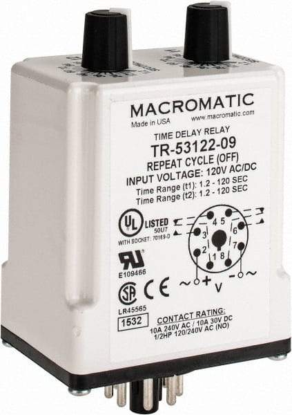 Macromatic - 8 Pin, Multiple Range DPDT Time Delay Relay - 10 Contact Amp, 120 VAC/VDC, Knob - A1 Tooling