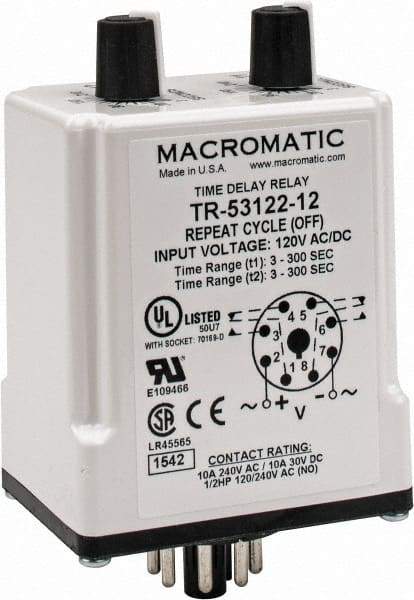 Macromatic - 8 Pin, Multiple Range DPDT Time Delay Relay - 10 Contact Amp, 120 VAC/VDC, Knob - A1 Tooling