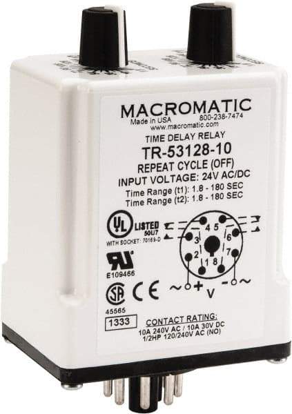 Macromatic - 8 Pin, Multiple Range DPDT Time Delay Relay - 10 Contact Amp, 24 VAC/VDC, Knob - A1 Tooling