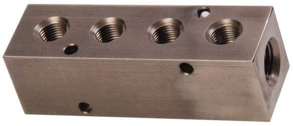 Made in USA - 1/2" Inlet, 3/8" Outlet Manifold - 4-3/4" Long x 1-1/2" Wide x 1-1/2" High, 0.2" Mount Hole, 2 Inlet Ports, 4 Outlet Ports - A1 Tooling