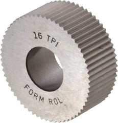 Made in USA - 1-1/4" Diam, 90° Tooth Angle, 16 TPI, Standard (Shape), Form Type High Speed Steel Straight Knurl Wheel - 1/2" Face Width, 1/2" Hole, Circular Pitch, Bright Finish, Series PH - Exact Industrial Supply