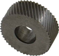 Made in USA - 1/2" Diam, 80° Tooth Angle, Standard (Shape), Form Type High Speed Steel Left-Hand Diagonal Knurl Wheel - 3/16" Face Width, 3/16" Hole, 96 Diametral Pitch, 30° Helix, Bright Finish, Series EP - Exact Industrial Supply