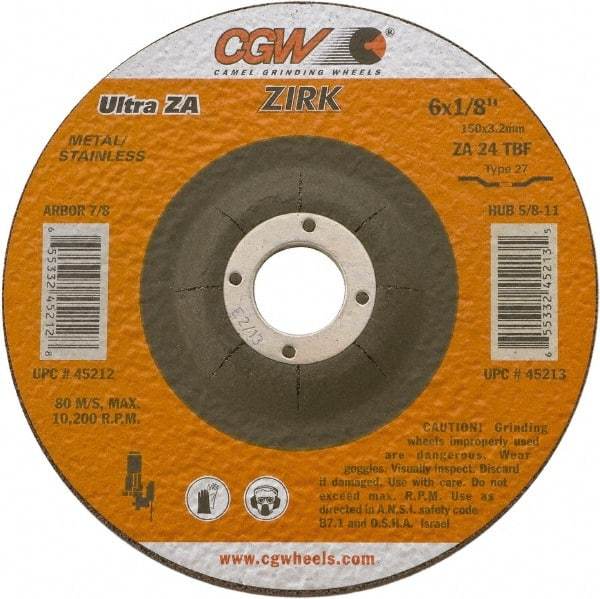 Camel Grinding Wheels - 24 Grit, 6" Wheel Diam, 1/8" Wheel Thickness, 7/8" Arbor Hole, Type 27 Depressed Center Wheel - Coarse Grade, Zirconia Alumina, Resinoid Bond, 10,200 Max RPM - A1 Tooling