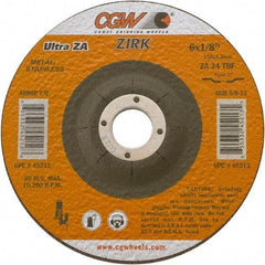 Camel Grinding Wheels - 24 Grit, 6" Wheel Diam, 1/8" Wheel Thickness, 7/8" Arbor Hole, Type 27 Depressed Center Wheel - Coarse Grade, Zirconia Alumina, Resinoid Bond, 10,200 Max RPM - A1 Tooling