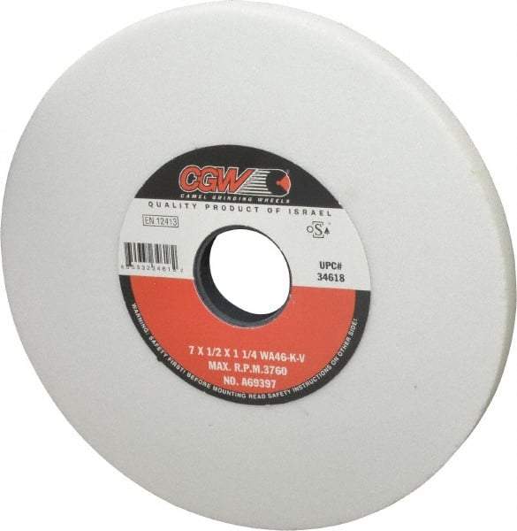 Camel Grinding Wheels - 7" Diam x 1-1/4" Hole x 1/2" Thick, K Hardness, 46 Grit Surface Grinding Wheel - Aluminum Oxide, Type 1, Coarse Grade, 3,760 Max RPM, Vitrified Bond, No Recess - A1 Tooling