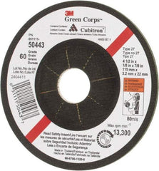 3M - 60 Grit, 4-1/2" Wheel Diam, 1/8" Wheel Thickness, 7/8" Arbor Hole, Type 27 Depressed Center Wheel - Ceramic, 13,300 Max RPM - A1 Tooling