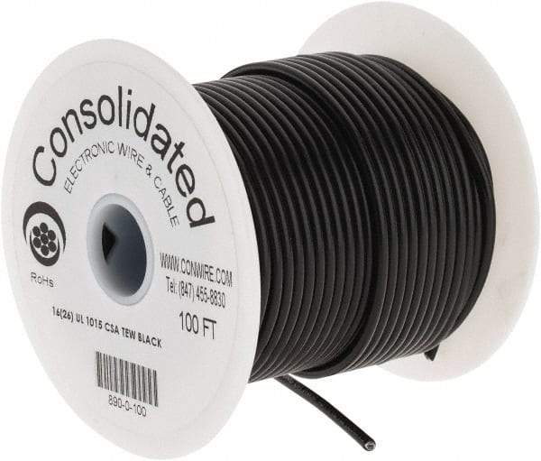 Made in USA - 16 AWG, 26 Strand, 100' OAL, Tinned Copper Hook Up Wire - Black PVC Jacket, 0.117" Diam - A1 Tooling