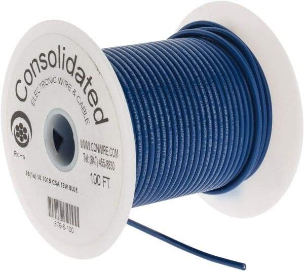 Made in USA - 18 AWG, 16 Strand, 100' OAL, Tinned Copper Hook Up Wire - Blue PVC Jacket, 0.106" Diam - A1 Tooling