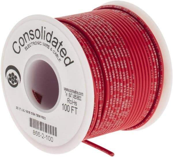 Made in USA - 22 AWG, 7 Strand, 100' OAL, Tinned Copper Hook Up Wire - Red PVC Jacket, 0.091" Diam - A1 Tooling