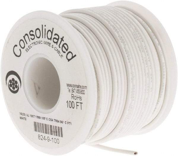 Made in USA - 16 AWG, 26 Strand, 100' OAL, Tinned Copper Hook Up Wire - White PVC Jacket, 0.092" Diam - A1 Tooling