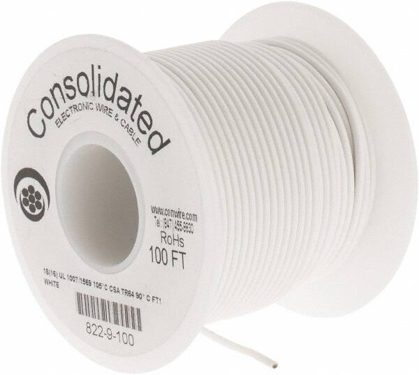 Made in USA - 18 AWG, 16 Strand, 100' OAL, Tinned Copper Hook Up Wire - White PVC Jacket, 0.08" Diam - A1 Tooling