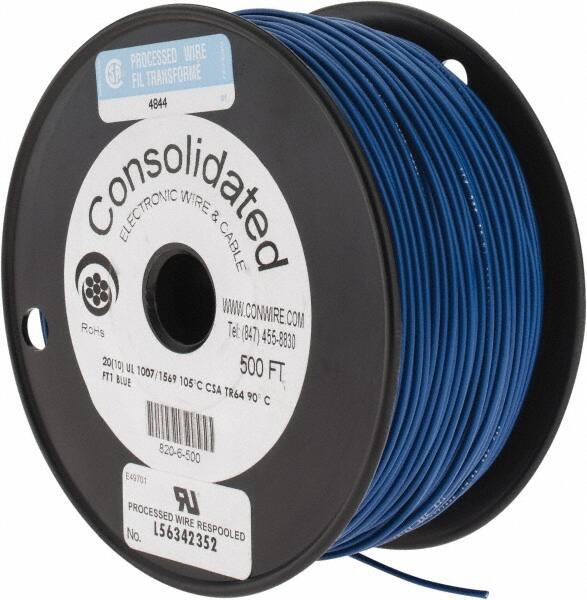 Made in USA - 20 AWG, 10 Strand, 500' OAL, Tinned Copper Hook Up Wire - Blue PVC Jacket, 0.07" Diam - A1 Tooling