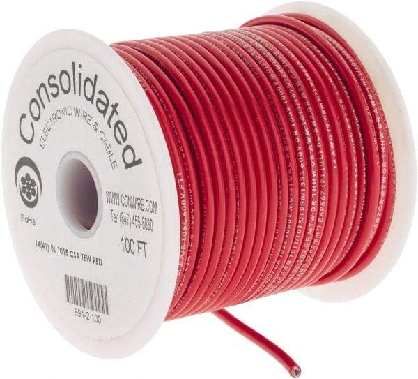 Made in USA - 14 AWG, 41 Strand, 100' OAL, Tinned Copper Hook Up Wire - Red PVC Jacket, 0.136" Diam - A1 Tooling