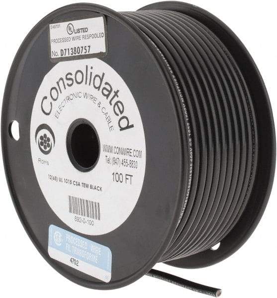 Made in USA - 12 AWG, 65 Strand, 100' OAL, Tinned Copper Hook Up Wire - Black PVC Jacket, 0.155" Diam - A1 Tooling