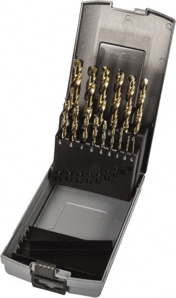 Precision Twist Drill - 1/16 to 1/2", 135° Point, Gold Finish, Cobalt Jobber Length Drill Bit Set - A1 Tooling