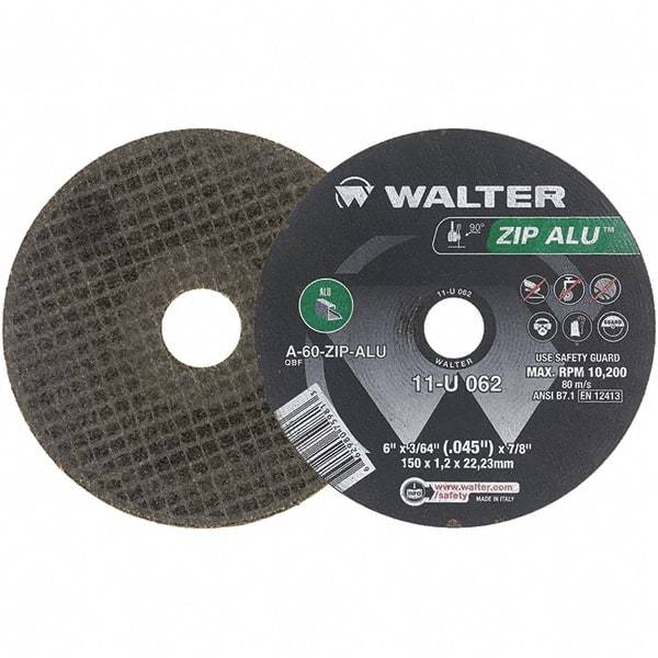 WALTER Surface Technologies - 6" 60 Grit Aluminum Oxide Cutoff Wheel - 3/64" Thick, 7/8" Arbor, 10,200 Max RPM, Use with Angle Grinders - A1 Tooling