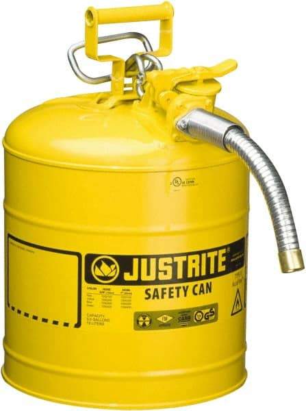 Justrite - 5 Gal Galvanized Steel Self-Closing, Self-Venting, Full-Length Flame Arrester - 16-7/8" High x 11-3/4" Diam, Yellow - A1 Tooling