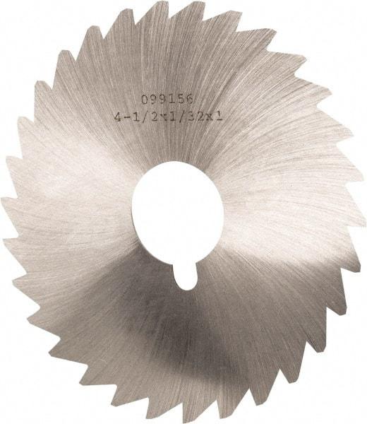 Made in USA - 4-1/2" Diam x 1/32" Blade Thickness x 1" Arbor Hole Diam, 36 Tooth Slitting and Slotting Saw - Arbor Connection, Right Hand, Uncoated, High Speed Steel, Concave Ground, Contains Keyway - A1 Tooling