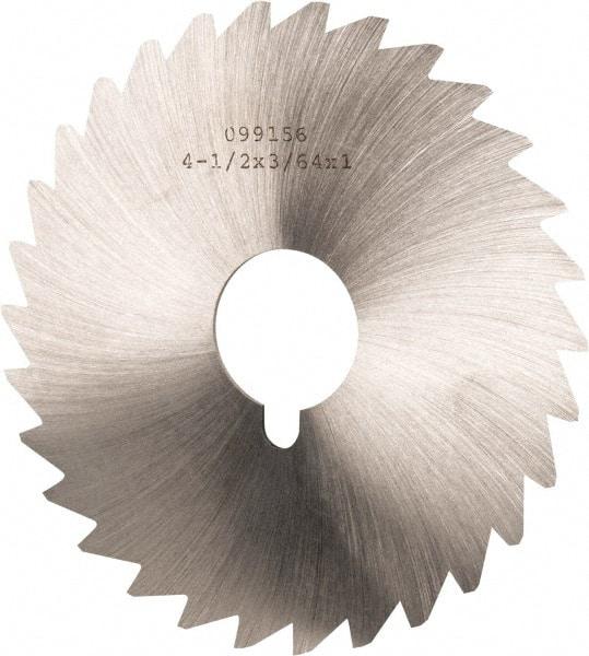 Made in USA - 4-1/2" Diam x 3/64" Blade Thickness x 1" Arbor Hole Diam, 36 Tooth Slitting and Slotting Saw - Arbor Connection, Right Hand, Uncoated, High Speed Steel, Concave Ground, Contains Keyway - A1 Tooling